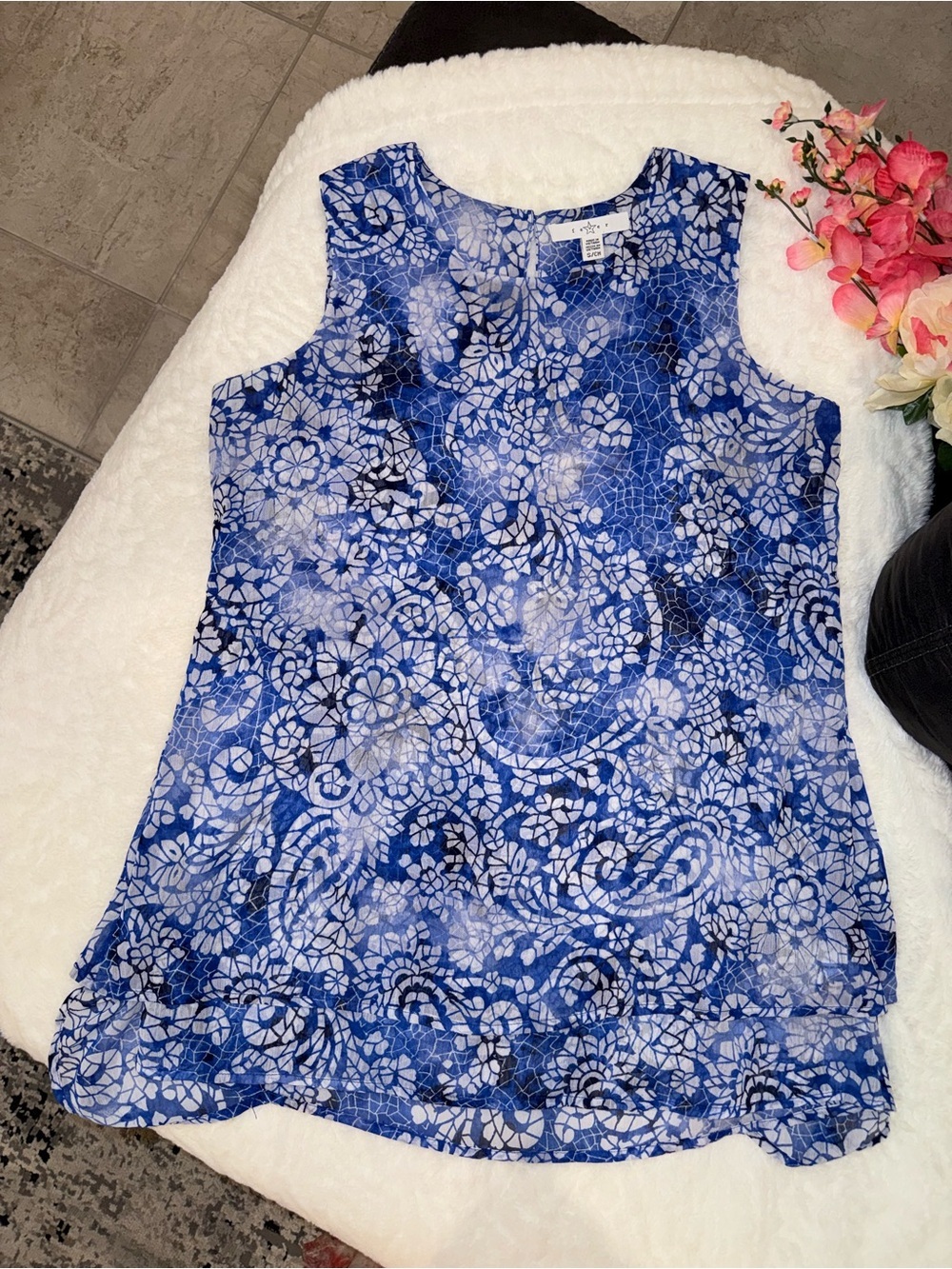 3 x 20$ Fever Blue and White Floral Sleeveless Tank Top Size S